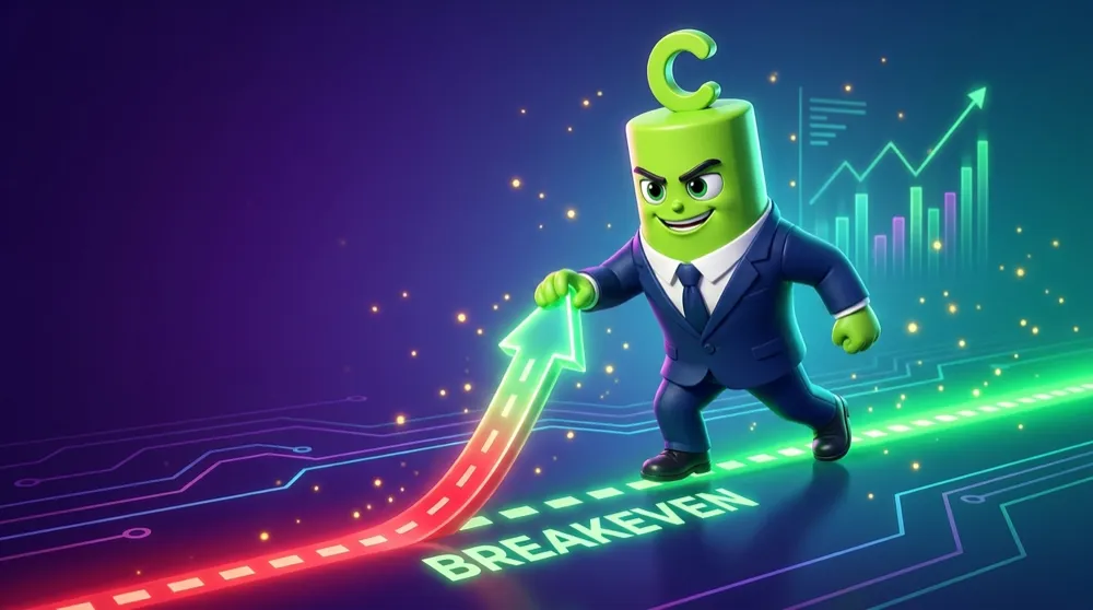 The green call mascot pushing a rising price marker past a glowing dashed breakeven line, the moment it crosses from red into green