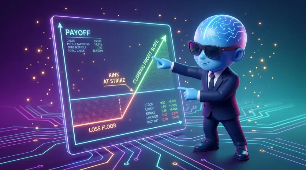 The blue AI Mentor pointing at a large payoff diagram, marking the flat floor, the kink at the strike, and the climbing profit slope