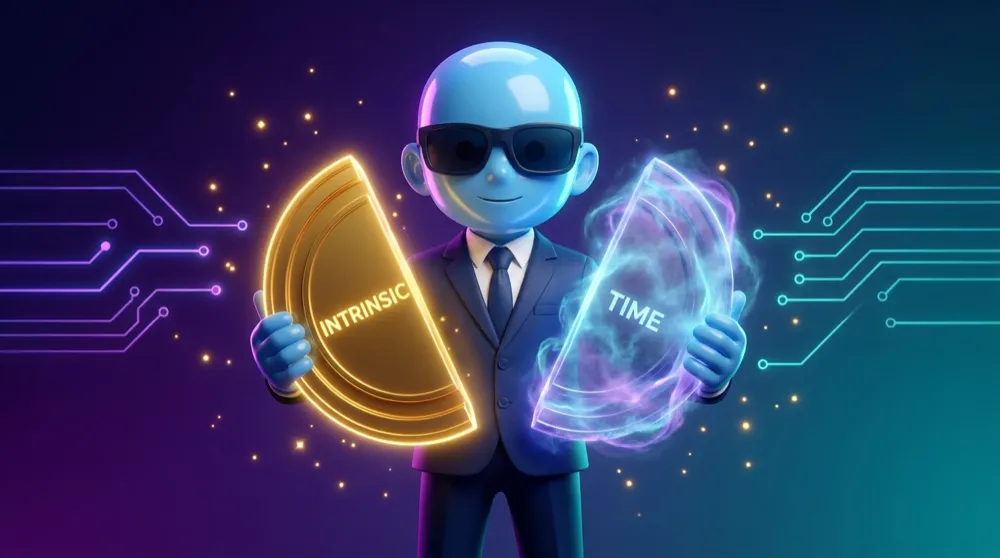 The blue AI Mentor pulling a glowing option coin apart into two halves, one solid gold labelled intrinsic and one misty labelled time