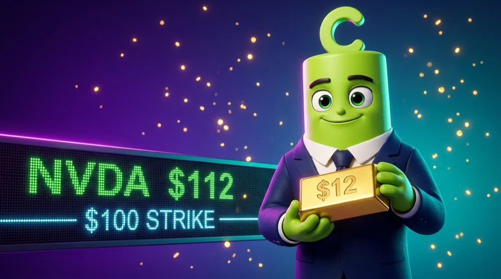 The green call mascot holding a solid gold bar stamped $12, standing beside a stock ticker showing NVDA at $112 above a $100 strike