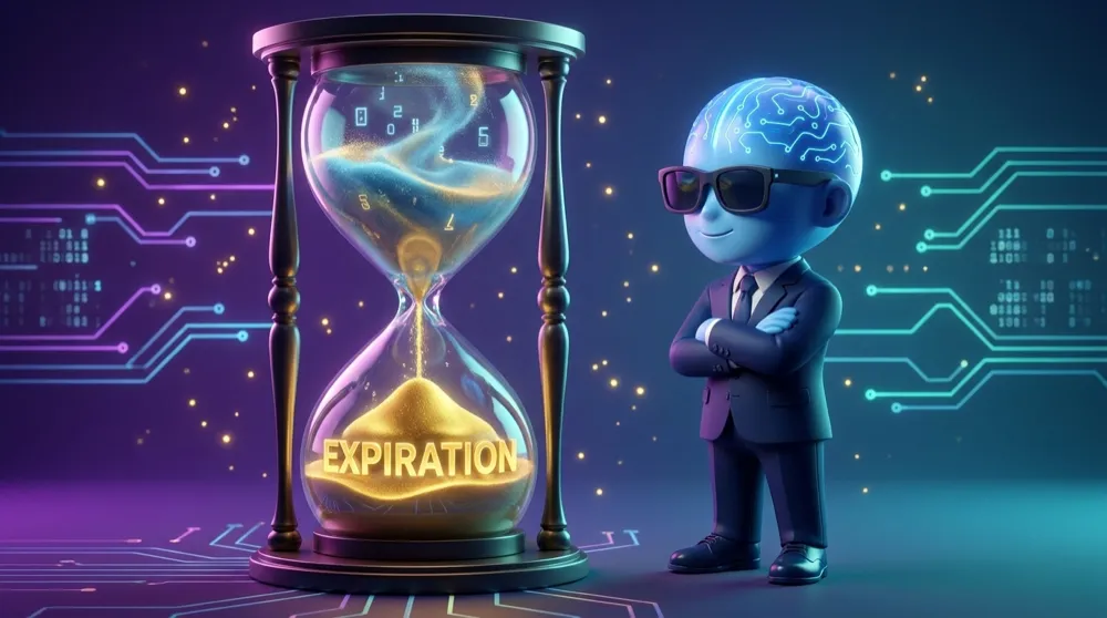 The blue AI Mentor watching an hourglass where the misty time-value sand drains away, leaving only a small solid gold intrinsic core at expiration