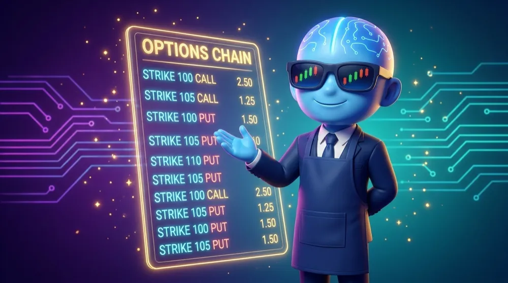 The blue AI Mentor mascot in a waiter’s apron presenting a giant glowing menu titled OPTIONS CHAIN, rows of strikes listed like dishes