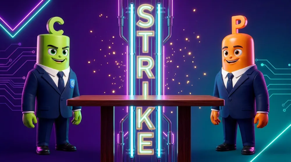 The green call mascot on the left and orange put mascot on the right of a tall table, a glowing STRIKE column running between them from low to high