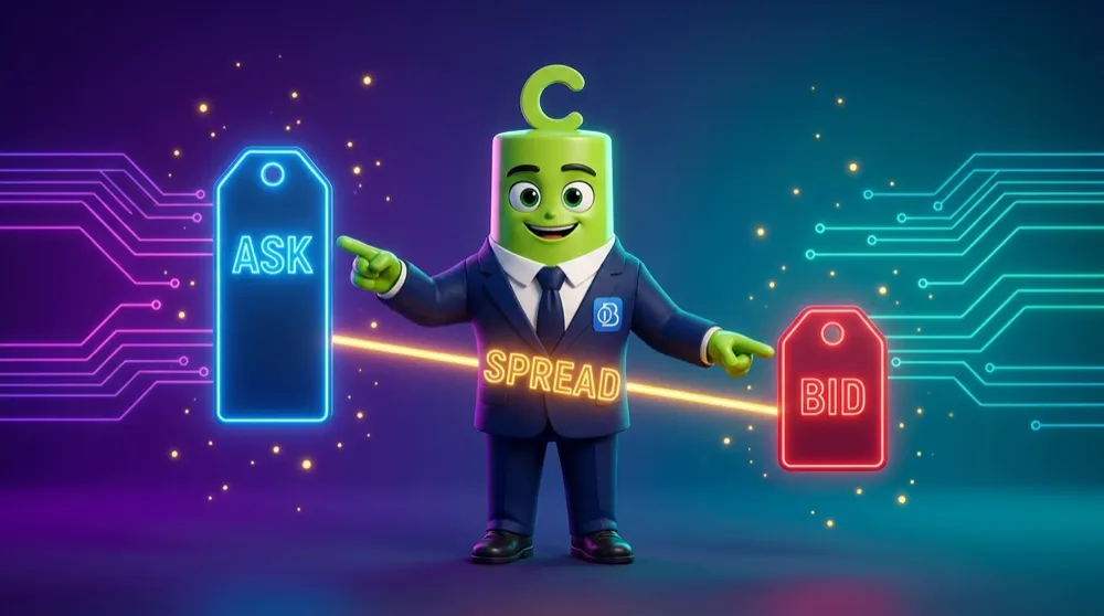 The call mascot buying at a tall ASK price tag and selling at a lower BID price tag, the narrow gap between them labeled SPREAD