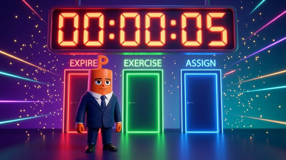 The orange put mascot standing calmly under a huge countdown clock ticking toward zero, three glowing doors behind it labeled EXPIRE, EXERCISE, ASSIGN