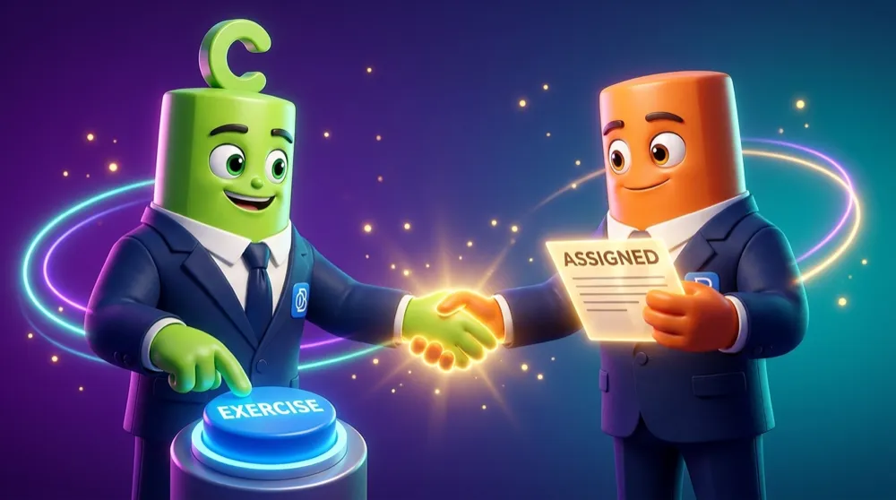 The green call mascot pressing an EXERCISE button on one side while the put mascot on the other side receives an ASSIGNED notice, a handshake glowing between them