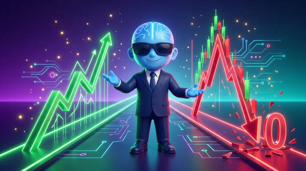 The AI Mentor mascot in a navy suit gesturing at two parallel paths — one climbing steadily, one spiking then crashing to zero