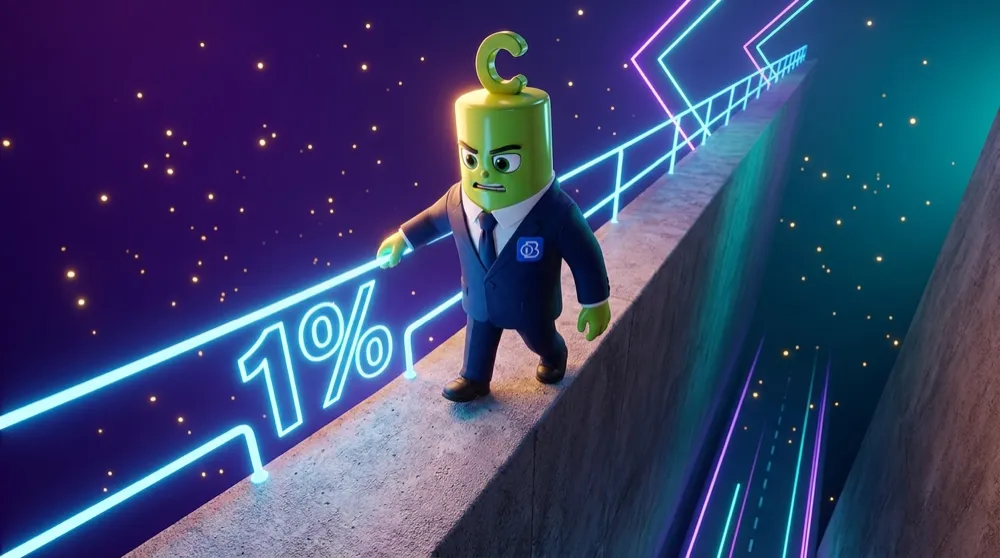 The call mascot in a navy suit walking a narrow ledge, a glowing 1% guardrail keeping it from a long drop below