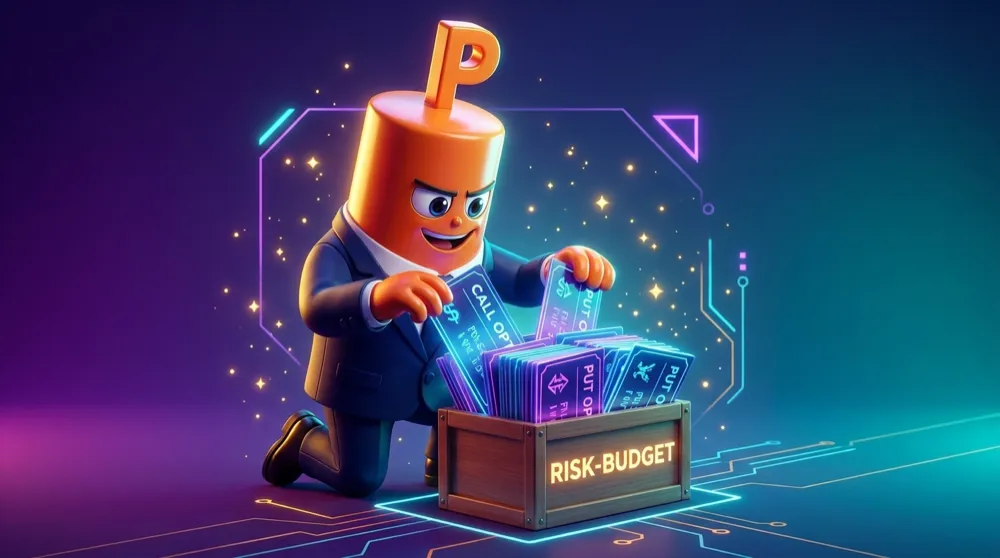 The put mascot with orange hands, navy suit, sliding option contracts into a small labeled risk-budget box until it is neatly full