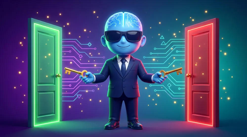 The AI Mentor mascot in a navy suit standing between a bright profit-target door and a red stop-loss door, calmly holding a key to each