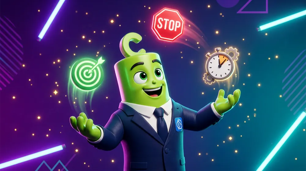 The call mascot in a navy suit juggling three glowing icons — a green target, a red stop sign, and a ticking clock