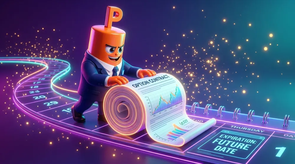 The put mascot with orange hands and navy suit rolling an option contract forward along a calendar toward a later expiration date