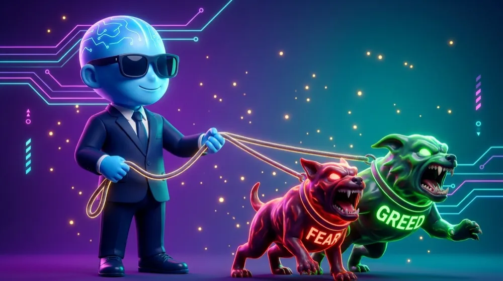 The AI Mentor mascot in a navy suit calmly holding a leash on two snarling shapes labeled Fear and Greed