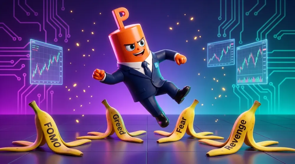 The put mascot with orange hands and navy suit dodging four labeled banana-peel traps — FOMO, Greed, Fear, Revenge — laid across the trading floor
