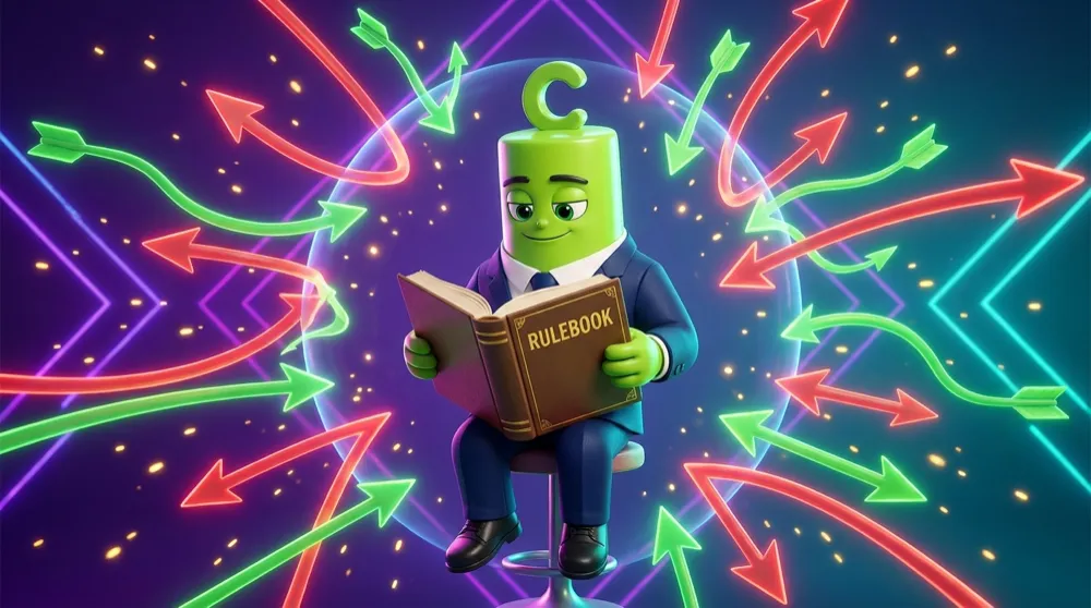 The call mascot in a navy suit calmly reading from a solid rulebook while a storm of red and green arrows swirls harmlessly around it