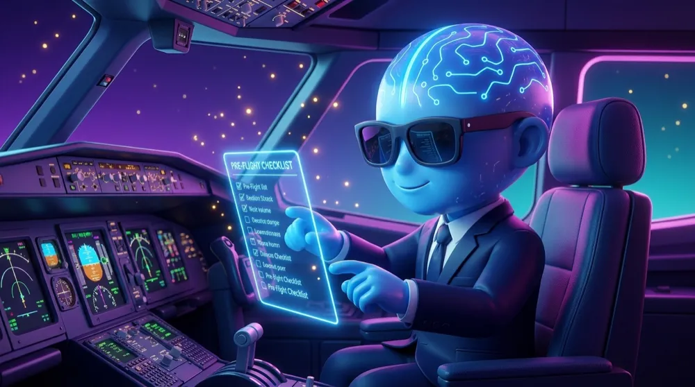 The AI Mentor mascot in a navy suit in a cockpit, calmly running a glowing pre-flight checklist before takeoff