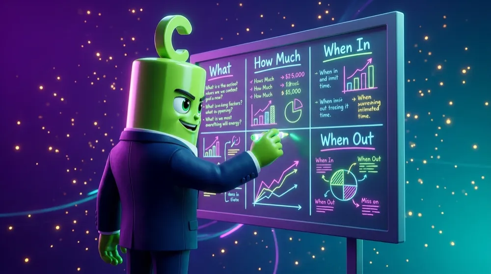 The call mascot in a navy suit filling in a solid four-panel plan board labeled What, How Much, When In, When Out