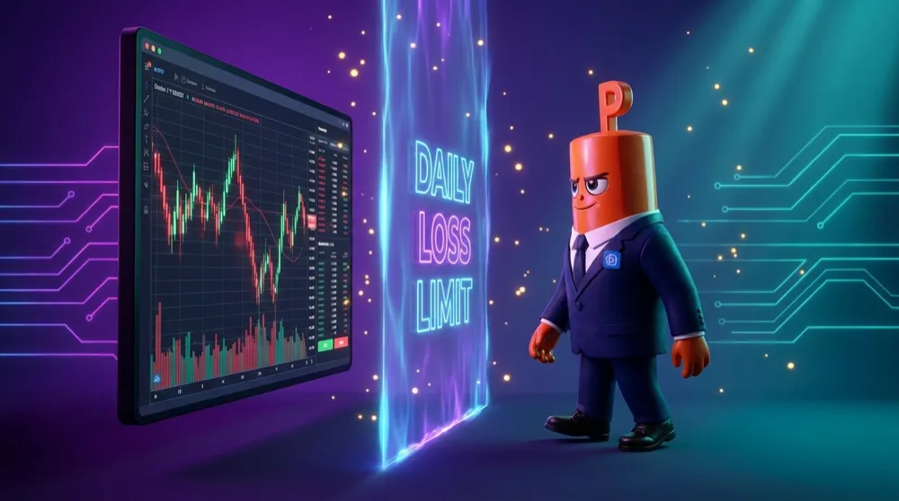 The put mascot with orange hands and navy suit calmly stepping back from a trading screen as a glowing daily-loss-limit barrier drops into place