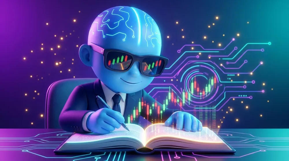 The AI Mentor mascot in a navy suit writing in a glowing journal that reflects an honest version of the trading day back at it
