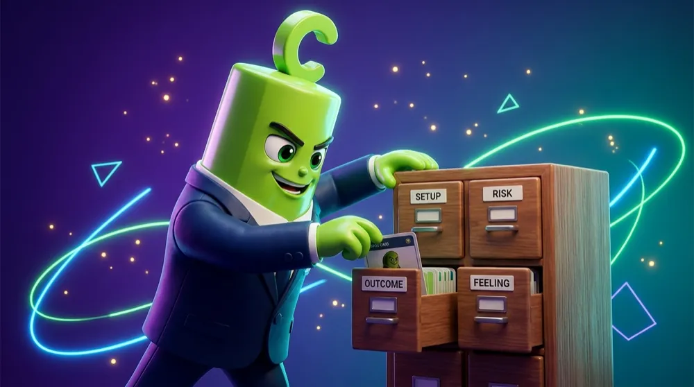 The call mascot in a navy suit filing a trade card into labeled slots — Setup, Risk, Outcome, Feeling