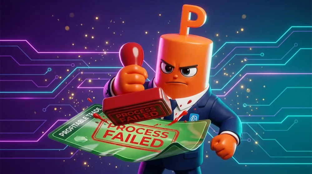 The put mascot with orange hands and navy suit stamping a green profitable trade with a red “process failed” mark