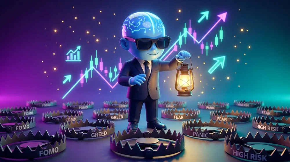 The AI Mentor mascot in a navy suit holding a lantern over a field of clearly-labeled bear traps on the trading floor