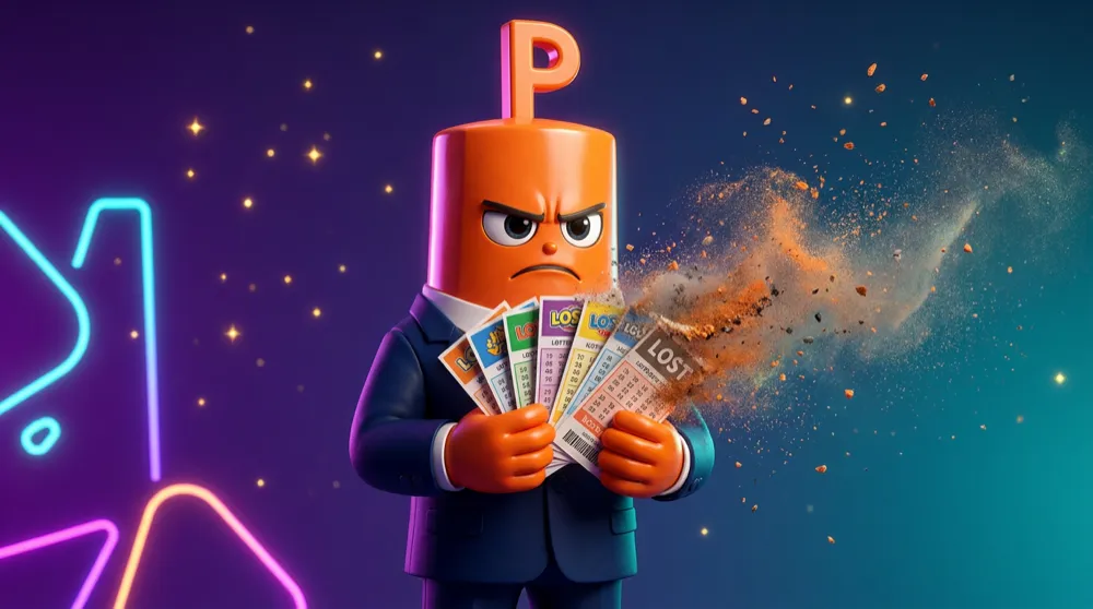The put mascot with orange hands and navy suit clutching a fan of cheap losing lottery-ticket options as they crumble to dust