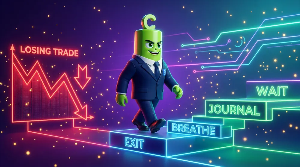 The call mascot in a navy suit walking a calm four-step path — exit, breathe, journal, wait — away from a red losing trade