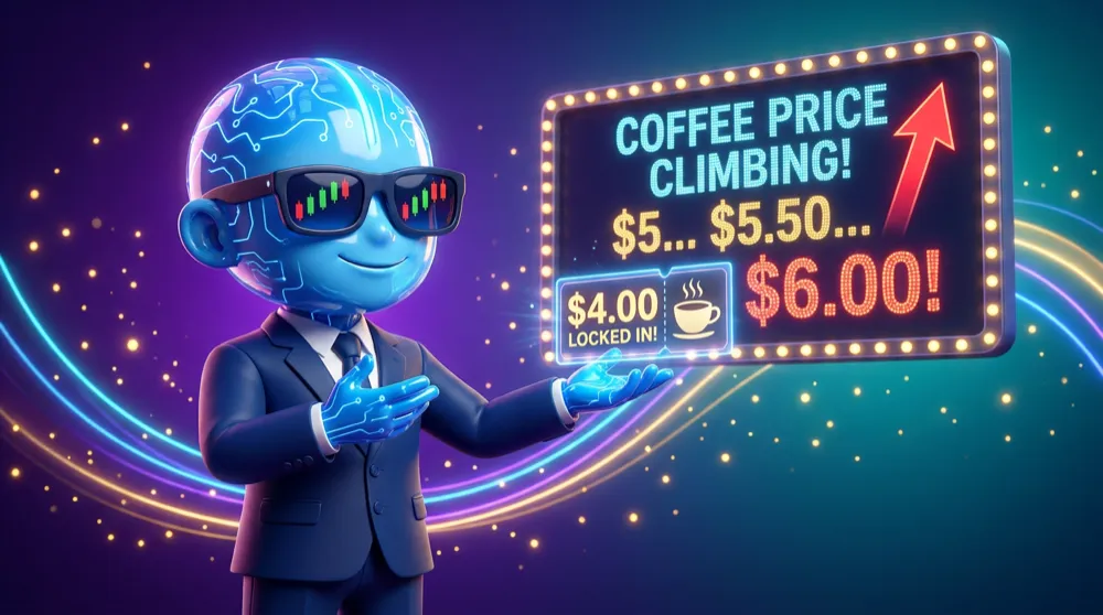 A glowing coffee coupon card that locks in a $4 price while the menu board behind it climbs to $6