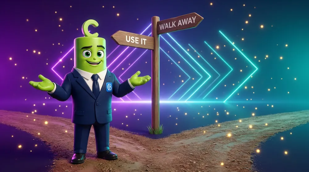 The green call mascot standing at a forked road sign reading “USE IT” and “WALK AWAY,” relaxed because both paths are allowed