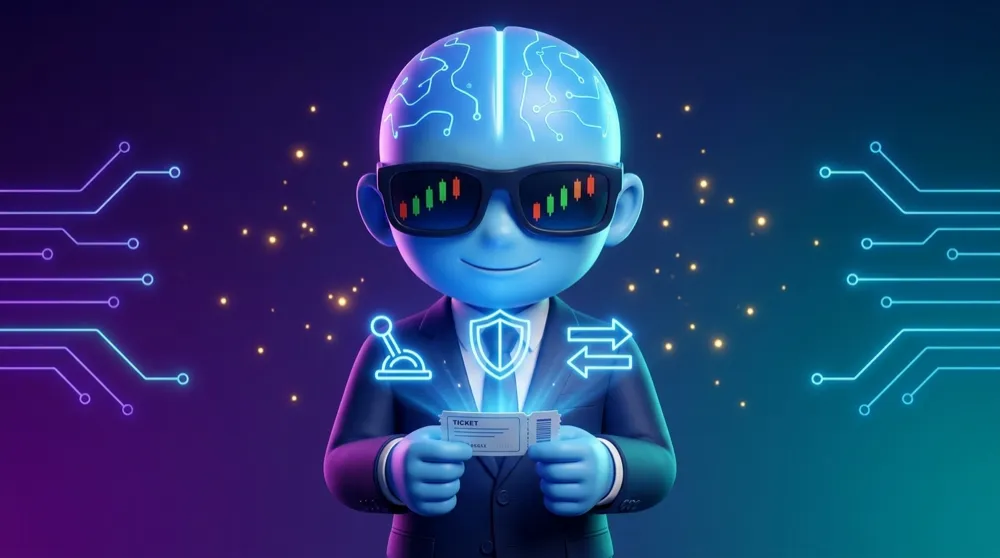 The blue AI Mentor mascot holding a small ticket that projects three glowing icons — a lever, a shield and a two-way arrow