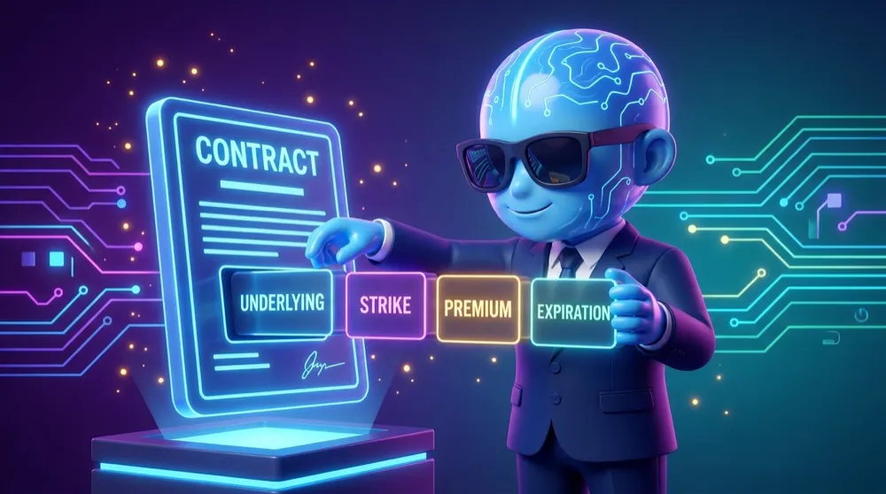 The blue AI Mentor mascot slotting four labeled blocks — Underlying, Strike, Premium, Expiration — into a glowing contract frame