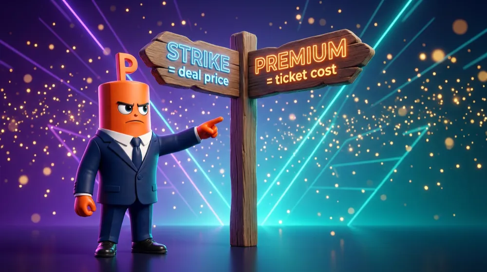 The orange put mascot pointing at a split signpost: one arm reads “STRIKE = deal price,” the other reads “PREMIUM = ticket cost”
