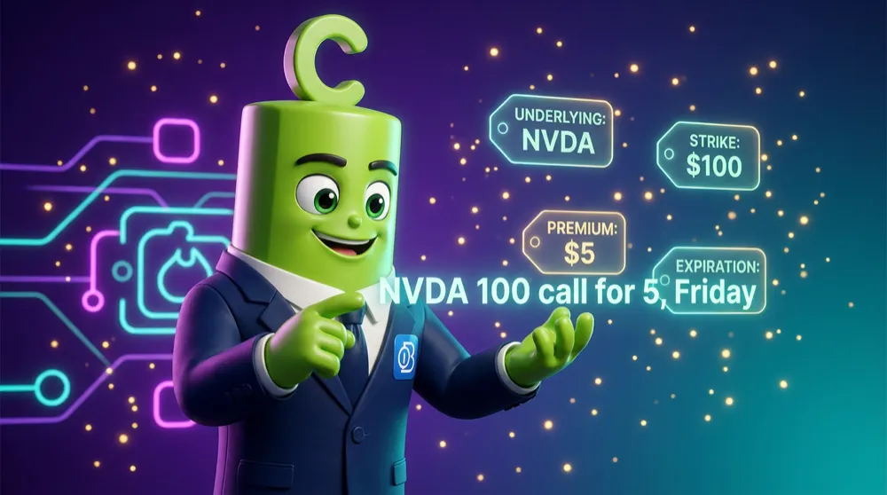 The green call mascot decoding the phrase “NVDA 100 call for 5, Friday” into four glowing tags — underlying, strike, premium, expiration