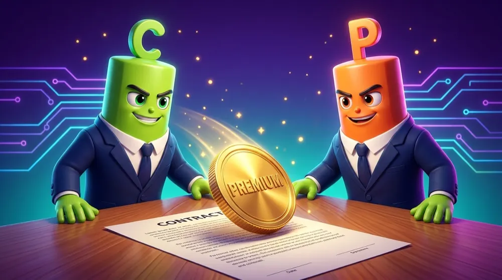 The green call mascot and the orange put mascot facing off across a contract table, a premium coin sliding from one side to the other