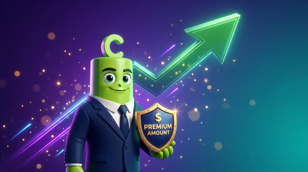 The green call mascot holding a small shield labeled with the premium amount, calmly watching an upside arrow soar past it