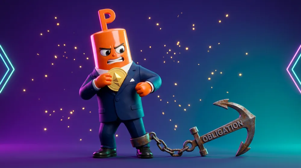 The orange put mascot pocketing a premium coin while a heavy “obligation” anchor chain tightens around the other ankle