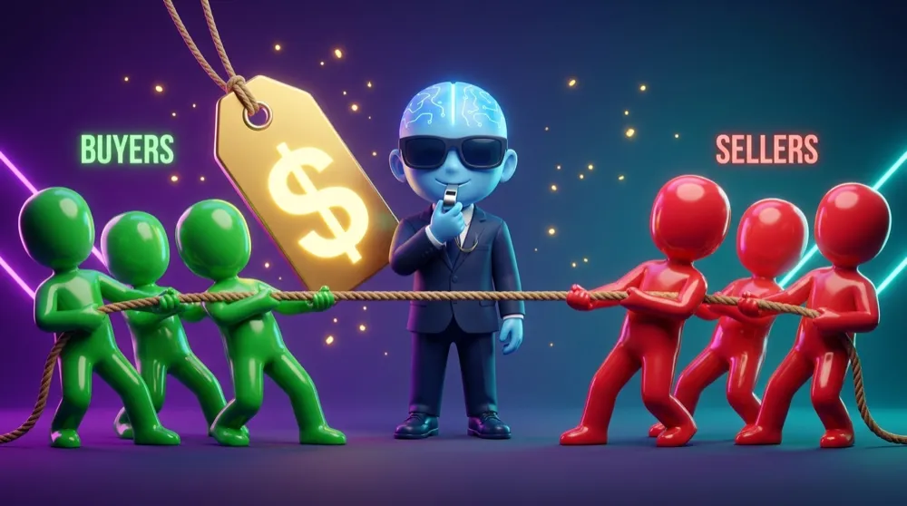 The AI Mentor mascot in a navy suit refereeing a tug-of-war between a green BUYERS team and a red SELLERS team over a giant price tag