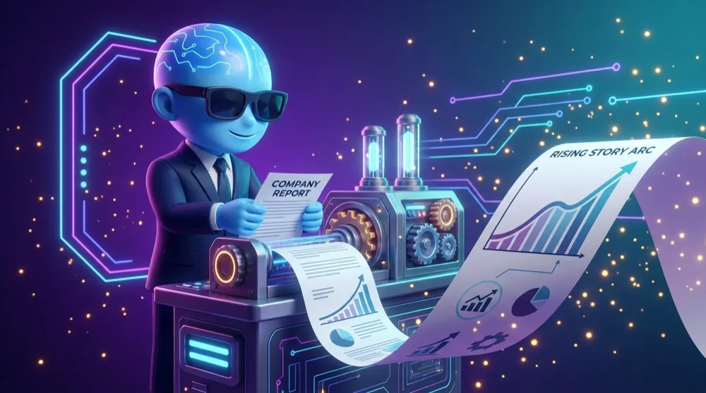 The AI Mentor mascot in a navy suit feeding a company report into a machine that prints out a rising story-arc on a scroll