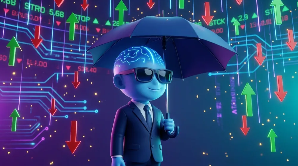 The AI Mentor mascot in a navy suit holding an umbrella under a stock-ticker sky raining green and red arrows, calmly unbothered