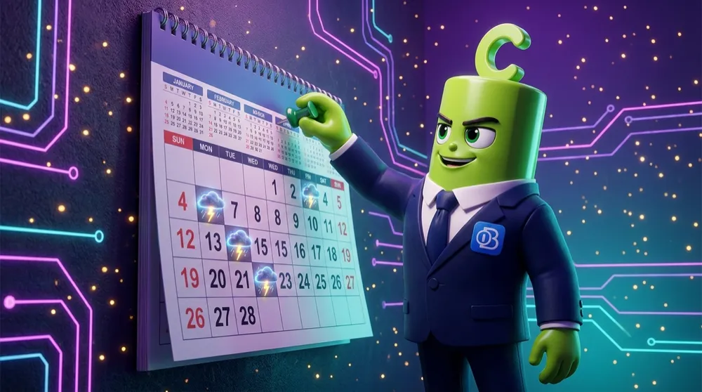 The Call mascot in a navy suit pinning a giant wall calendar where certain dates glow with tiny storm clouds