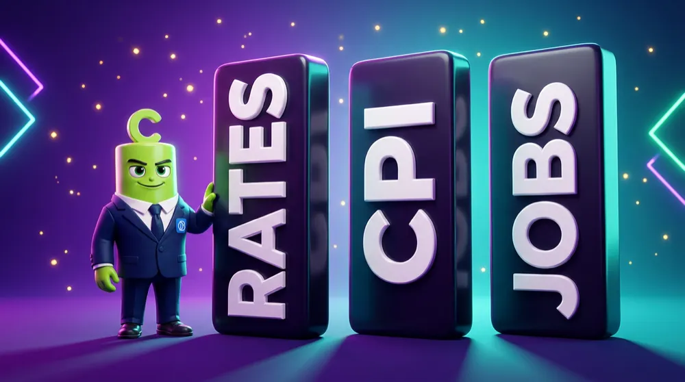 The Call mascot in a navy suit standing small beside three towering labeled dominoes reading RATES, CPI and JOBS