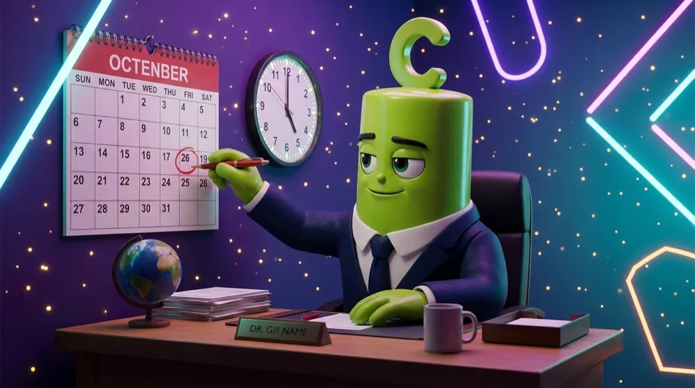 The Call mascot in a navy suit at a tidy desk, calmly circling one release time on the calendar while the clock ticks toward it