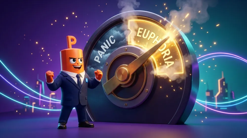 The Put mascot with orange hands and a navy suit watching a giant crowd-mood dial swing from PANIC to EUPHORIA