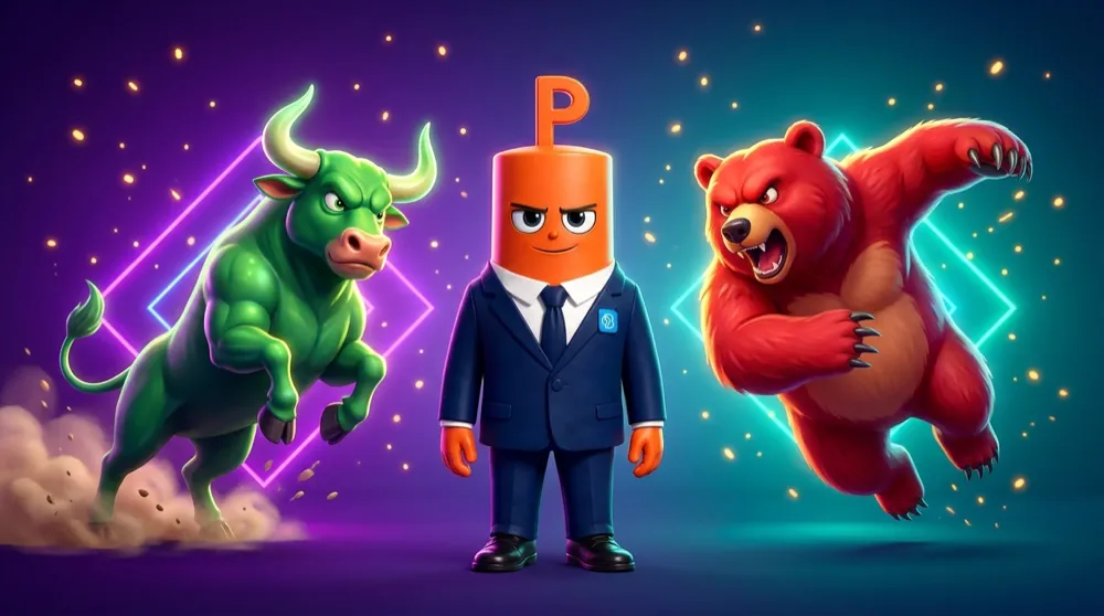 The Put mascot with orange hands and a navy suit standing calmly between a cartoon green bull charging up and a red bear swiping down