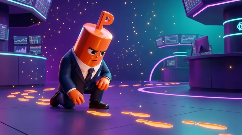 The Put mascot with orange hands and a navy suit kneeling to inspect glowing call and put footprints leading across a trading floor