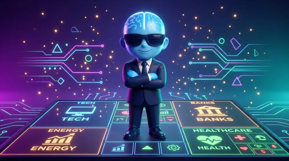 The AI Mentor mascot in a navy suit standing on a map of labeled stock neighborhoods — TECH, ENERGY, BANKS, HEALTHCARE