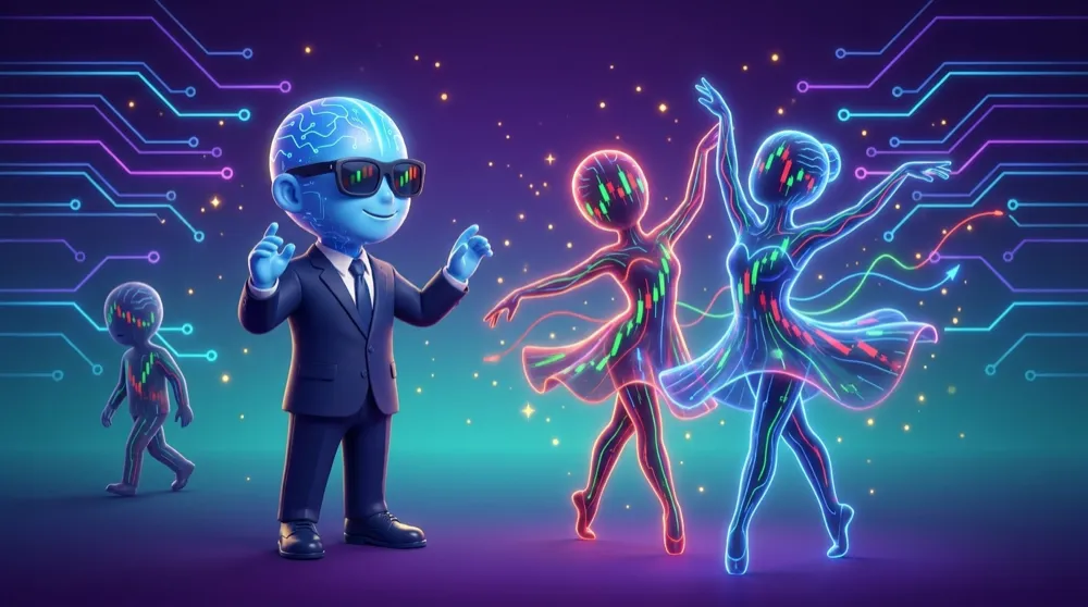 The AI Mentor mascot in a navy suit conducting two stock-chart dancers moving in perfect sync while a third wanders off alone