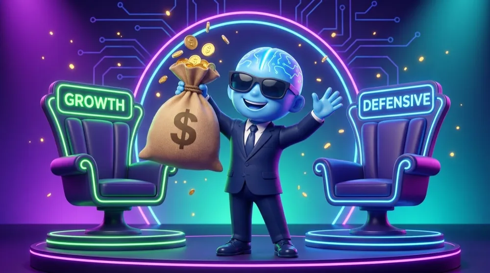 The AI Mentor mascot in a navy suit as a game-show host waving a money bag between two labeled chairs, GROWTH and DEFENSIVE