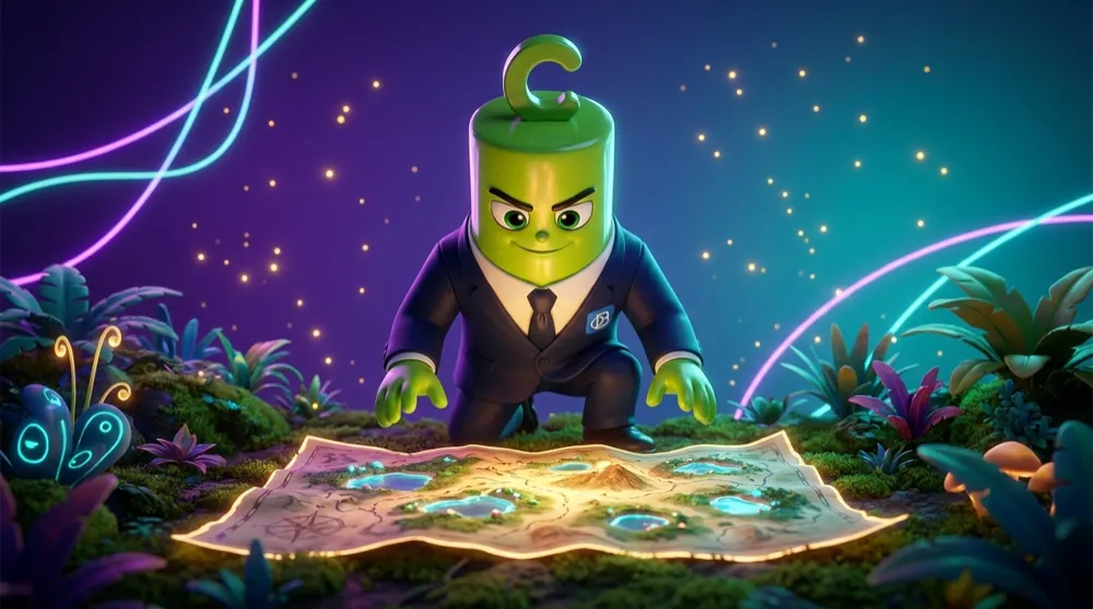 The Call mascot in a navy suit as a patient hunter watching a handful of glowing waterholes on a map instead of the whole jungle